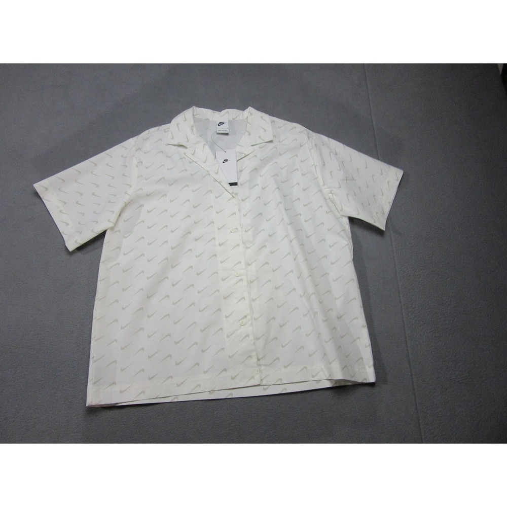 Nike Shirt Womens L Sail White Button Up New Swoosh AOP Monogram Oversize
